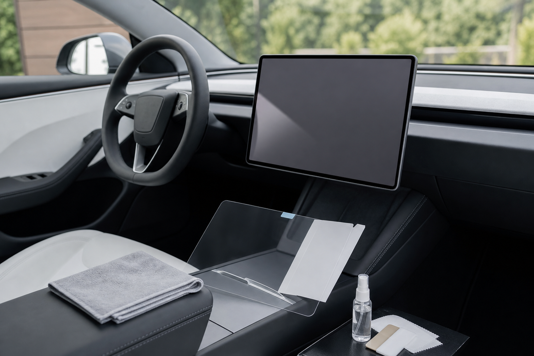 Tesla Model 3 touchscreen cleaning setup before screen protector installation