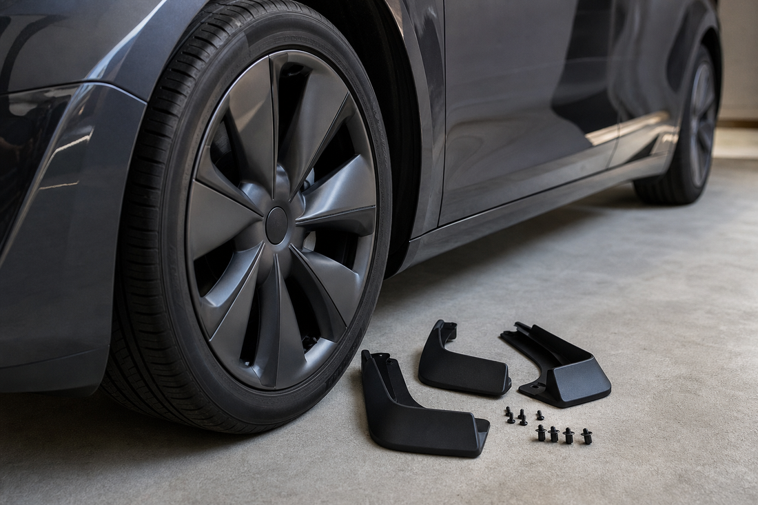 Tesla Model 3 wheel area prepared for mud flap installation