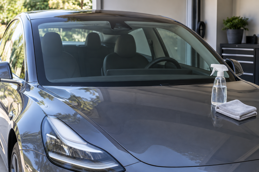 Tesla Model 3 front camera cleaning setup with spray bottle and microfiber cloth