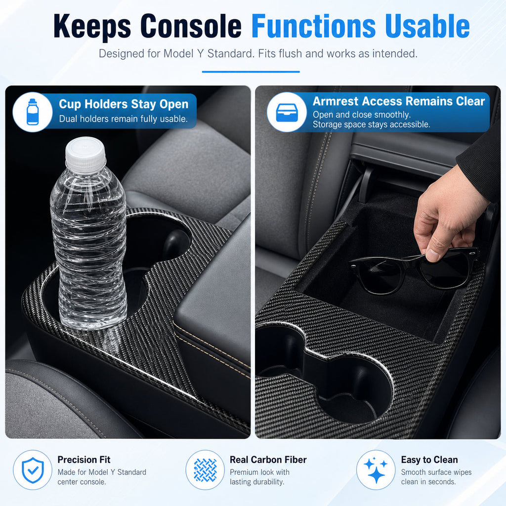 Real Carbon Fiber Center Console Cup Holder Cover Trim for Model Y Standard 2026+