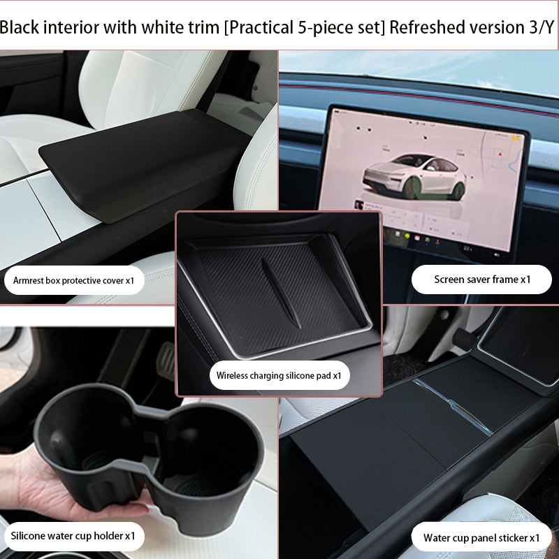 Steering Wheel Trim Cover for Tesla Model 3 Highland Model Y Juniper（With TESLA） Practical 5-piece Set Black