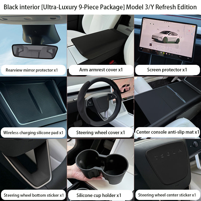 Steering Wheel Trim Cover for Tesla Model 3 Highland Model Y Juniper（With TESLA） Ultra-luxury 9-piece Set Black
