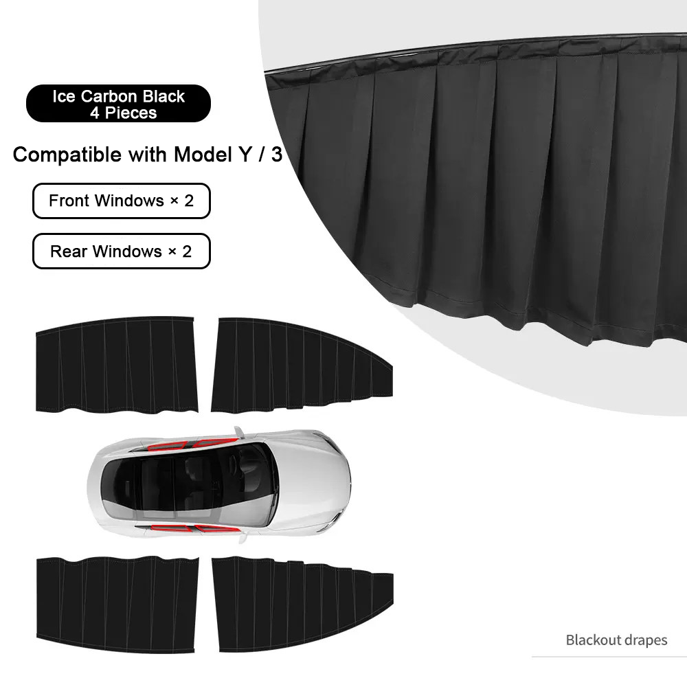Retractable Ice Silk Side Window Sunshade Curtains for Tesla Model 3 & Y Black Front & Rear Windows（4 PCS）