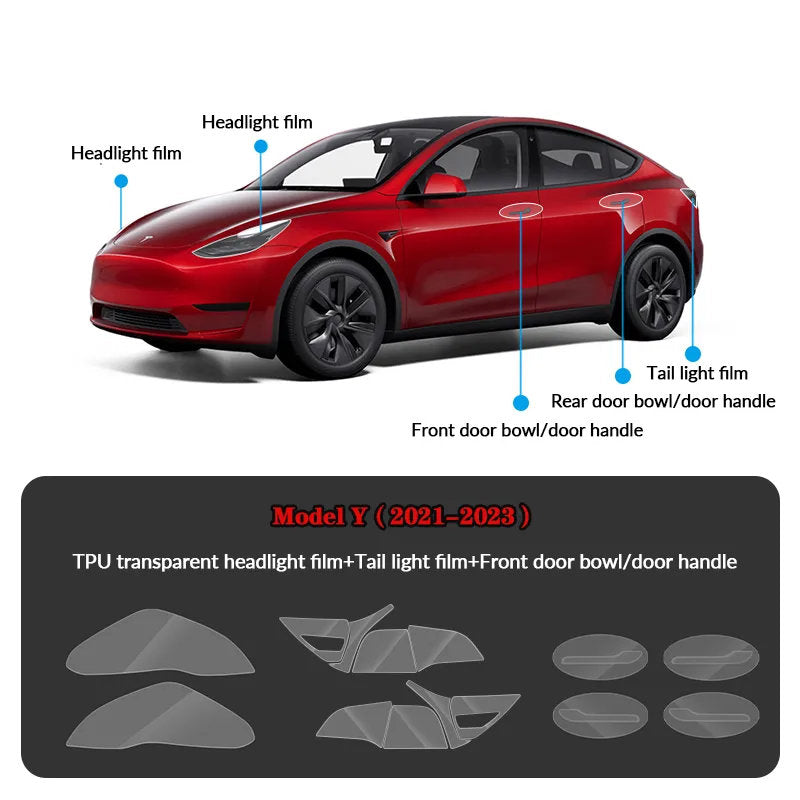 Compatible with Tesla Model Y (2021-2025.2) Headlights and Taillight Protection Film Transparent Film Headlight+Tail Light+Front Door Bowl Door Handle