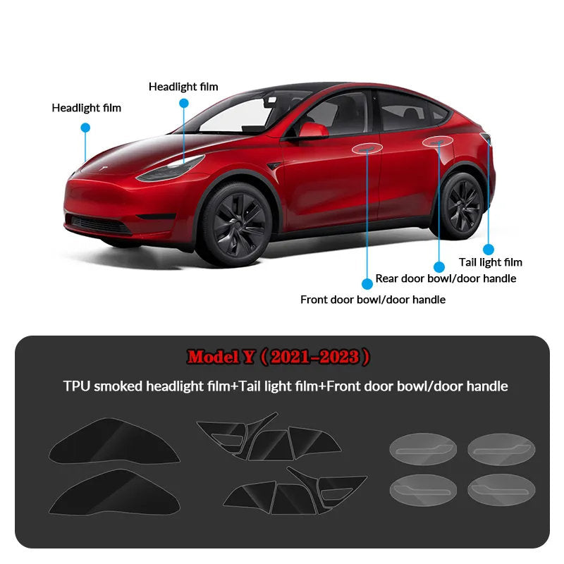 Compatible with Tesla Model Y (2021-2025.2) Headlights and Taillight Protection Film Smoked Black Film Headlight+Tail Light+Front Door Bowl Door Handle