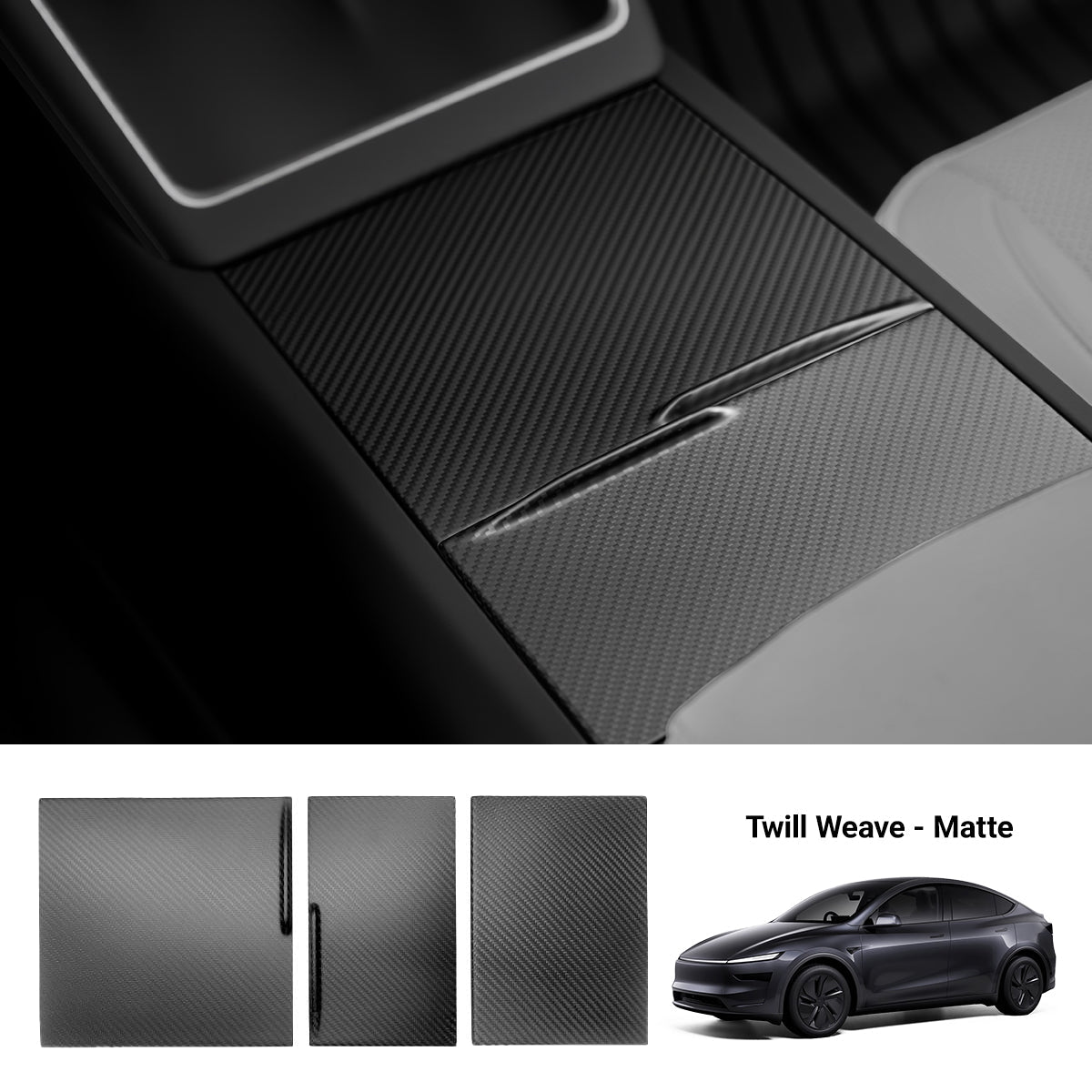 Dry Carbon Fiber Center Console Cover For Tesla Model Y Juniper / Model 3 Highland Matte Twill Weave