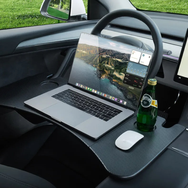 Foldable In-Car Laptop & Dining Table with Carbon Fiber Texture for Tesla Model 3 / Model Y
