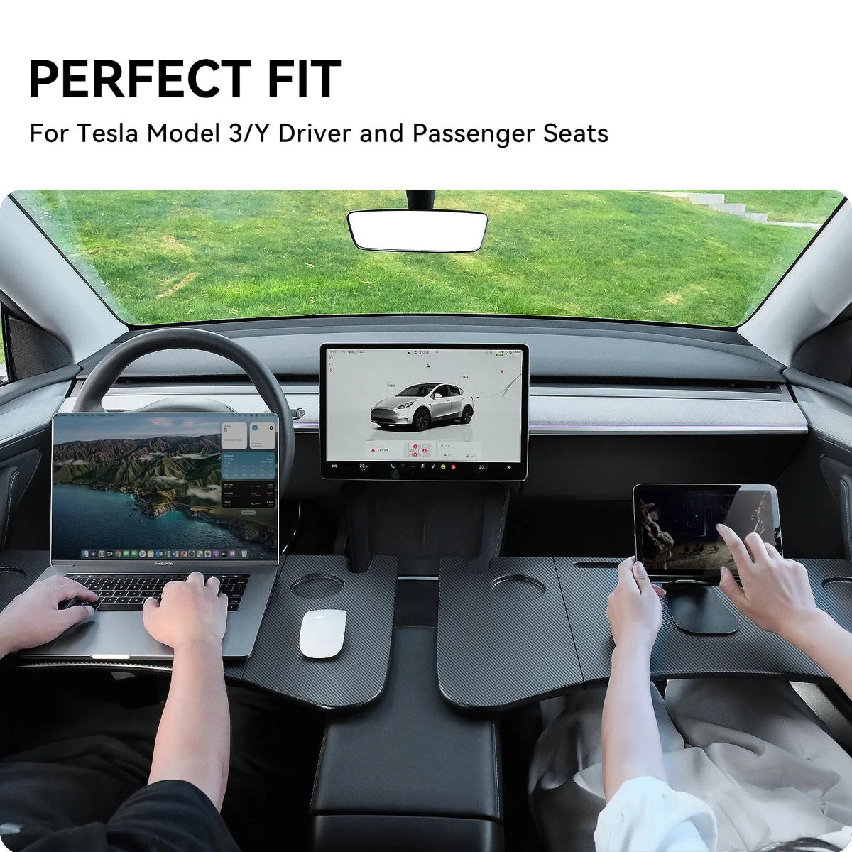 Foldable In-Car Laptop & Dining Table with Carbon Fiber Texture for Tesla Model 3 / Model Y