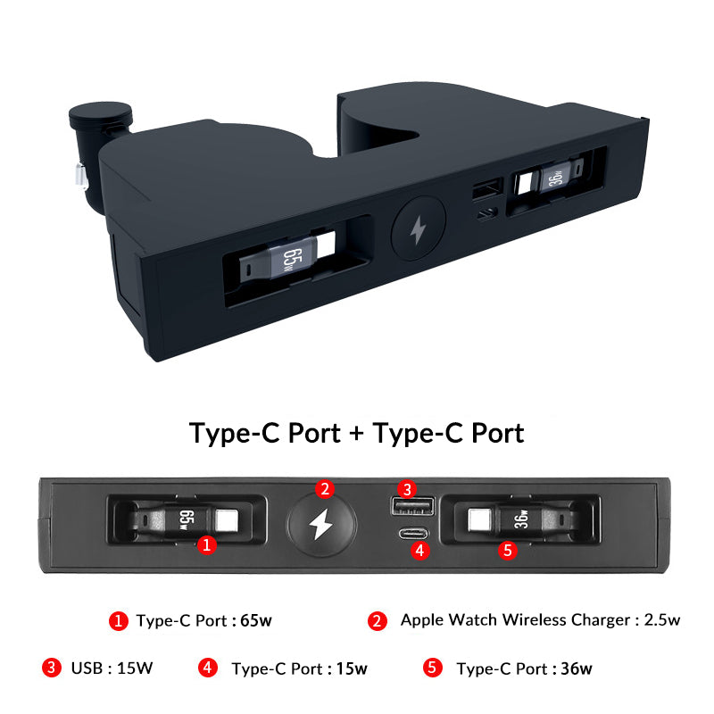 USB Hub with Built-in Apple Watch Wireless Charger for Tesla Model 3 Highland & Model Y Juniper Model 3 Highland Model Y Juniper Type-C 65w + Type-C 36w