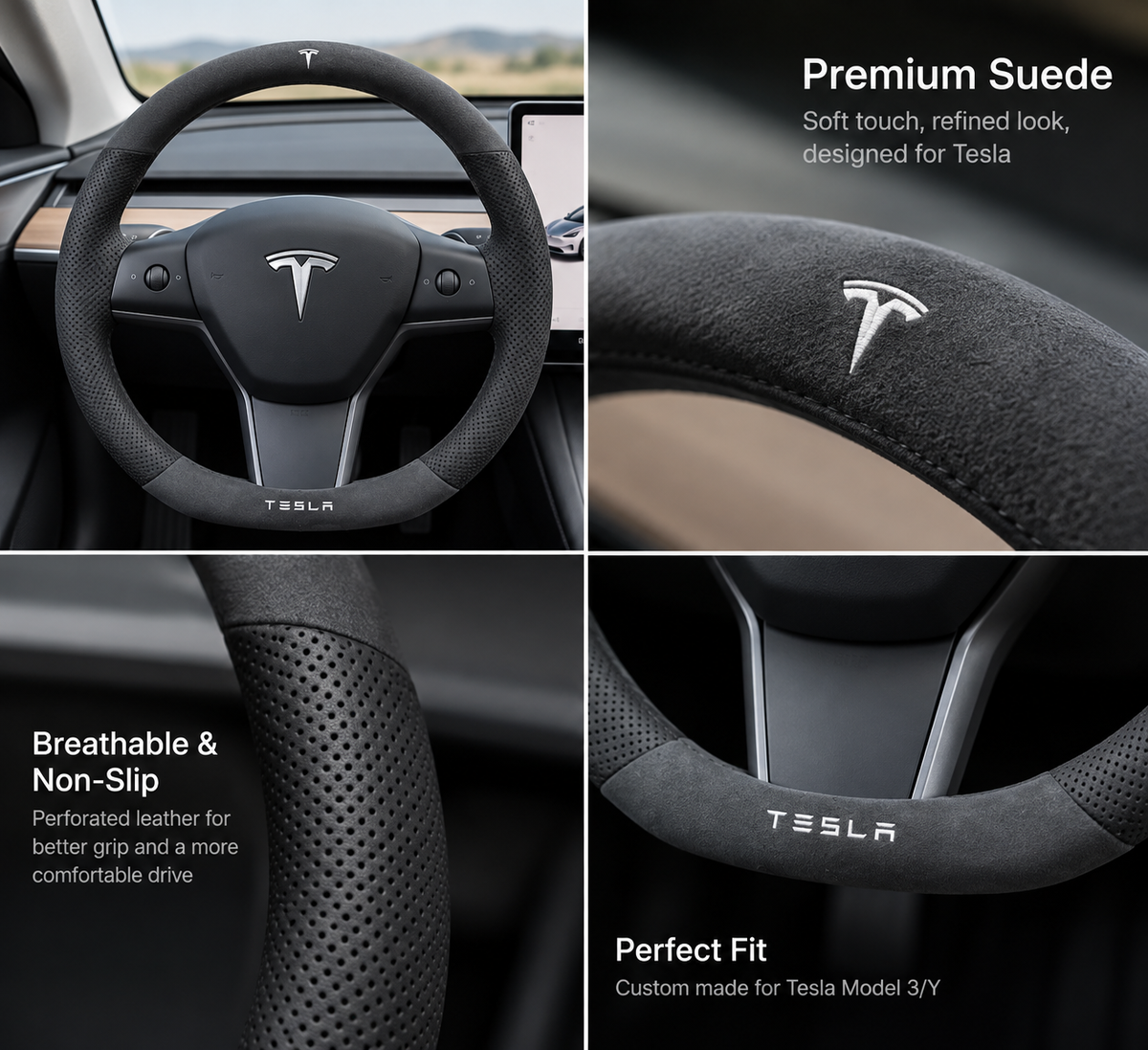 Suede Steering Wheel Cover for Tesla Model 3/Y-Tesgod
