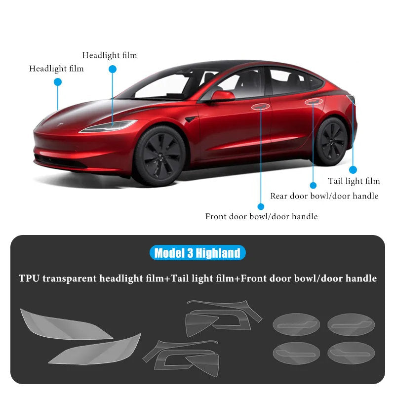 TPU HD Front and Rear Light Protective Film for Tesla Model 3 Highland 2024+ Transparent Film Headlight+Tail Light+Front Door Bowl Door Handle Model 3 Highland