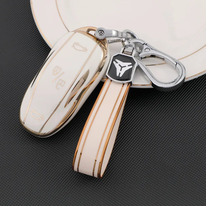 TPU Key Fob Cover for Tesla Model 3/Y/X/S – Full Protection, Fashionable Gold-Rimmed Design White