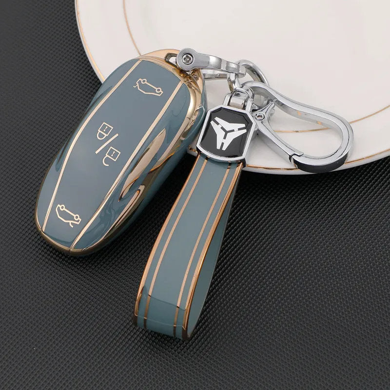 TPU Key Fob Cover for Tesla Model 3/Y/X/S – Full Protection, Fashionable Gold-Rimmed Design Grey