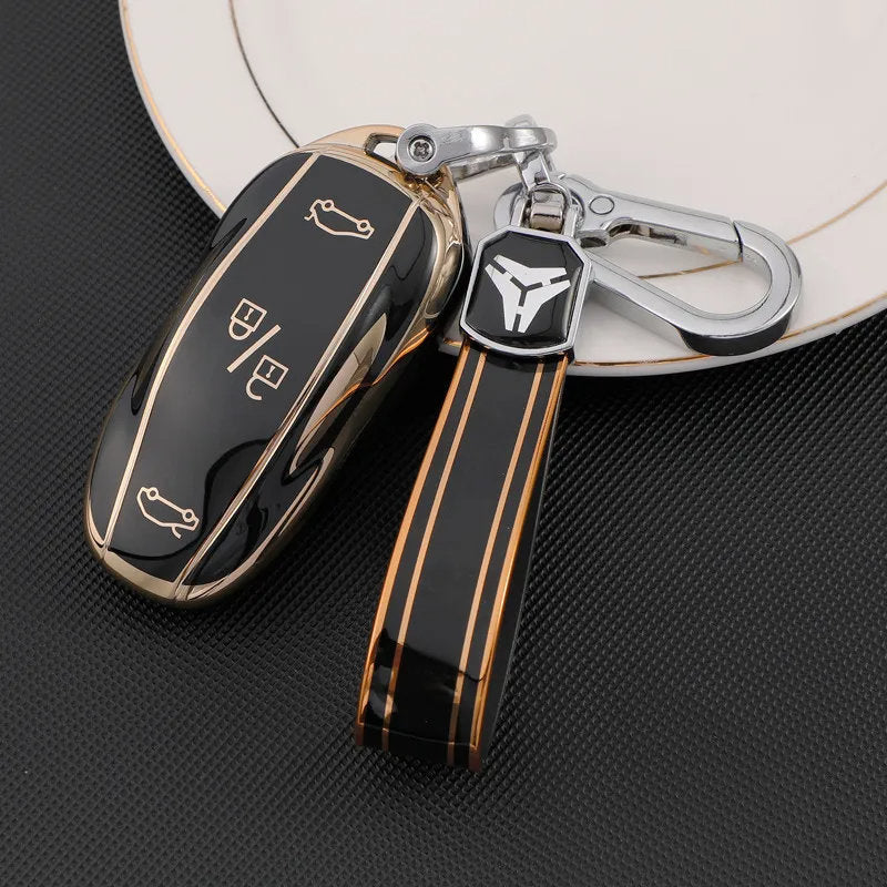 TPU Key Fob Cover for Tesla Model 3/Y/X/S – Full Protection, Fashionable Gold-Rimmed Design Black