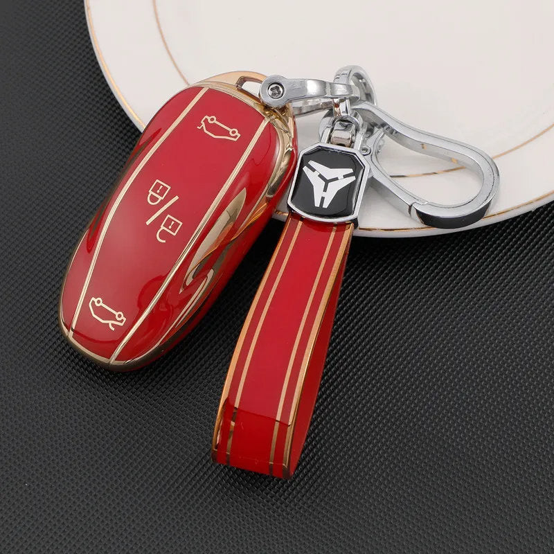 TPU Key Fob Cover for Tesla Model 3/Y/X/S – Full Protection, Fashionable Gold-Rimmed Design Red