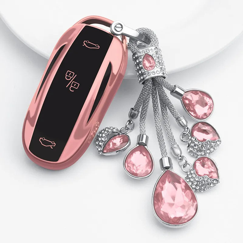 Tesla Model 3/Y Card Key Holder - Precision Fit & Signal Friendly Rose Pink Key Shell + Tianyan Crystal Pink