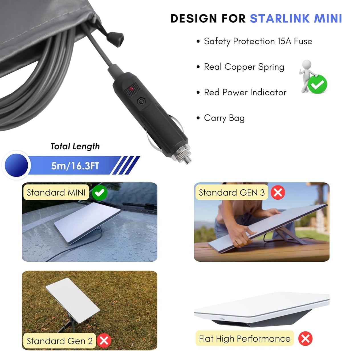 Car Cigarette Lighter to DC Power Cable for Starlink Mini