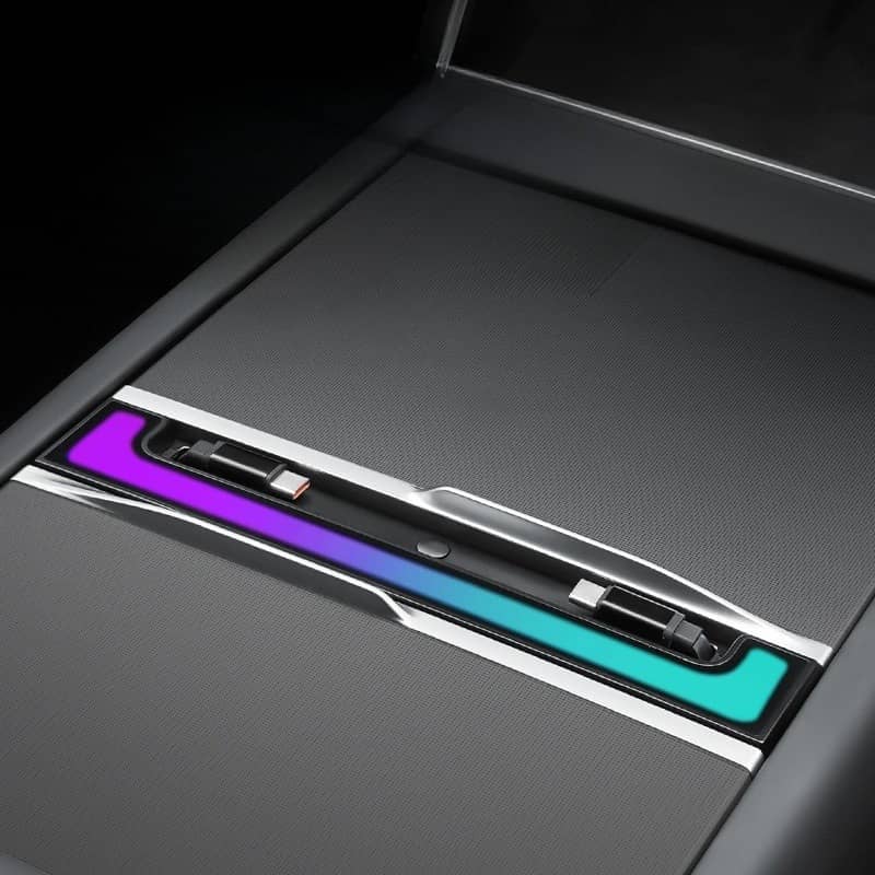 Center Console USB Hub with Ambient Lighting for Model 3 Highland/ Model Y Juniper Style 1 (USB-C & Lightning Pull-Out Cable)