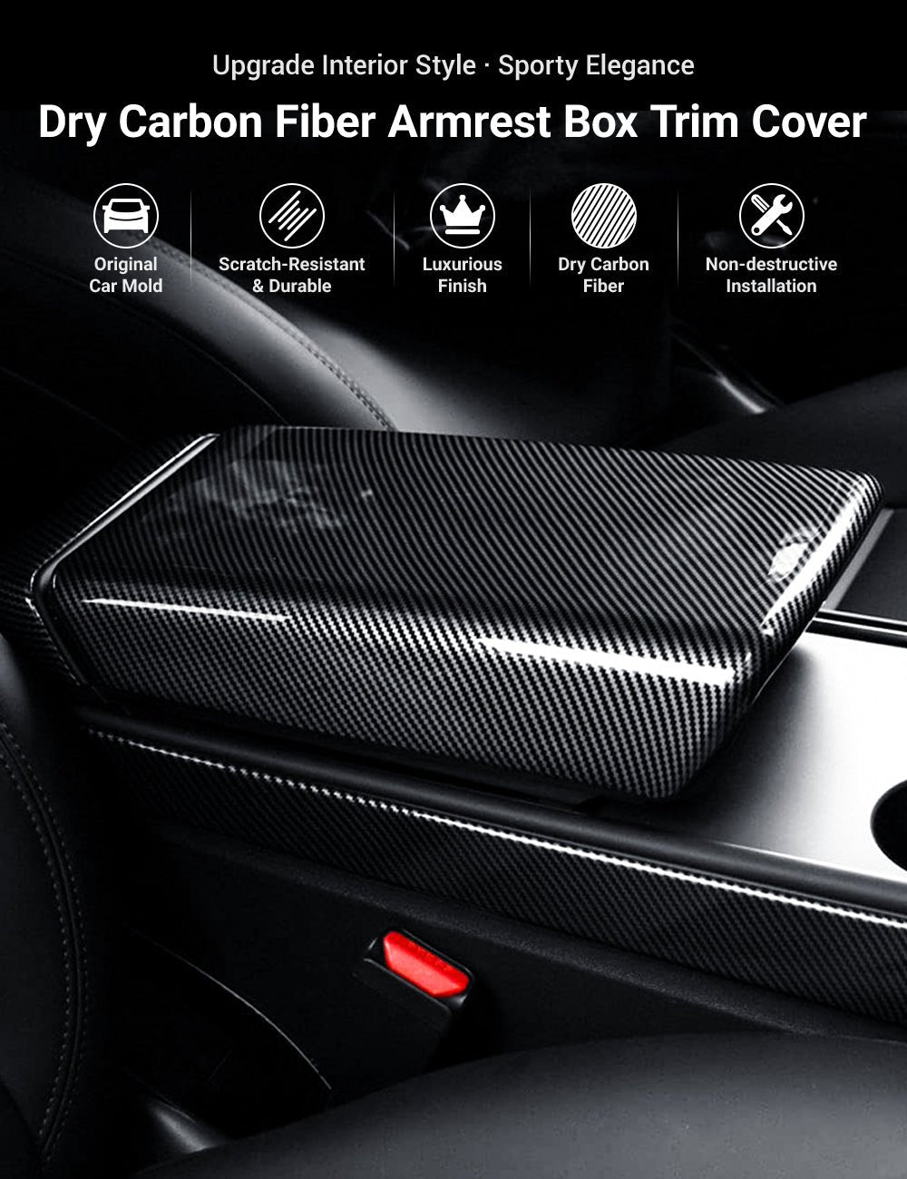 Dry Carbon Fiber Armrest Box Trim Cover for Tesla Cybertrunk