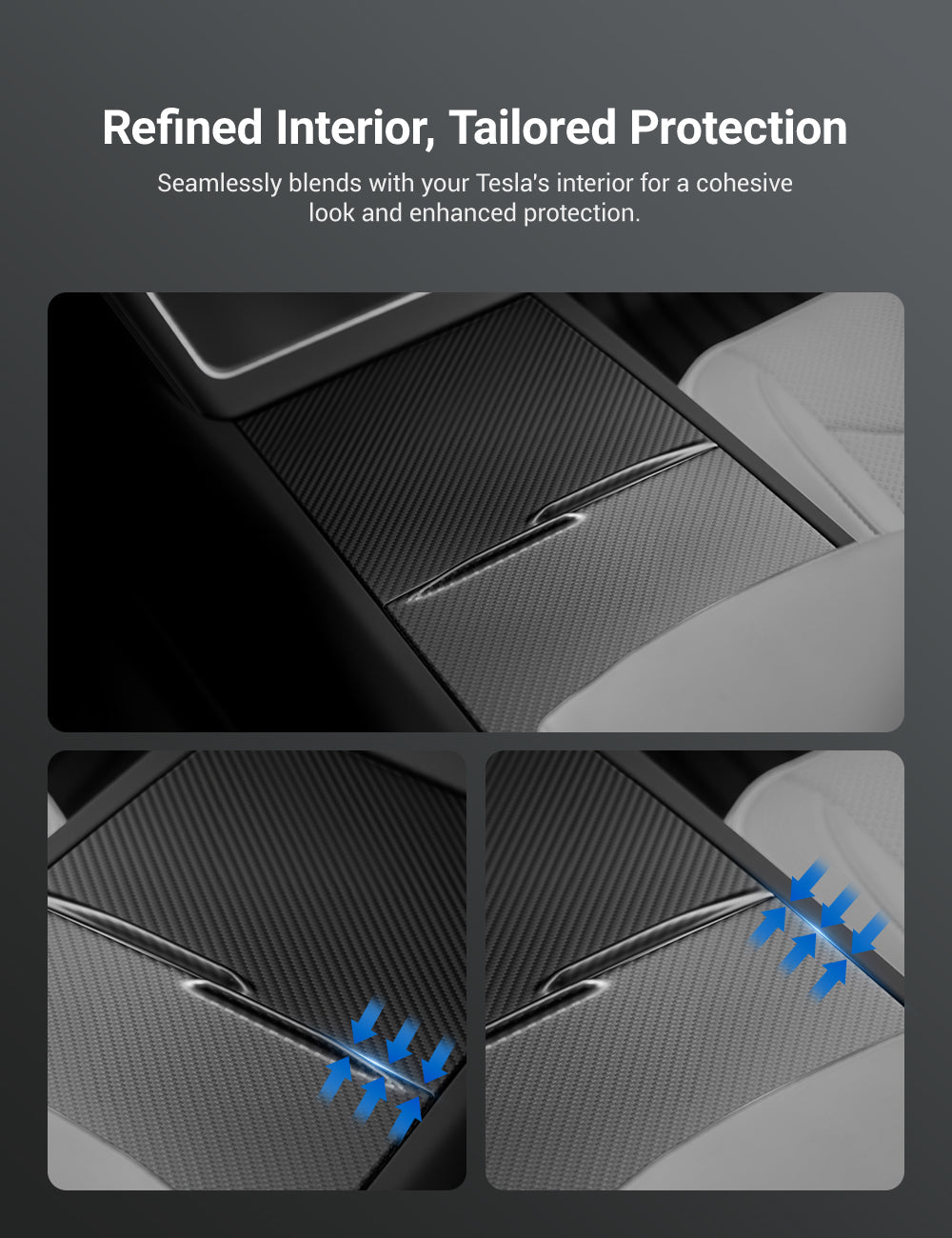 Dry Carbon Fiber Center Console Cover For Tesla Model Y Juniper / Model 3 Highland