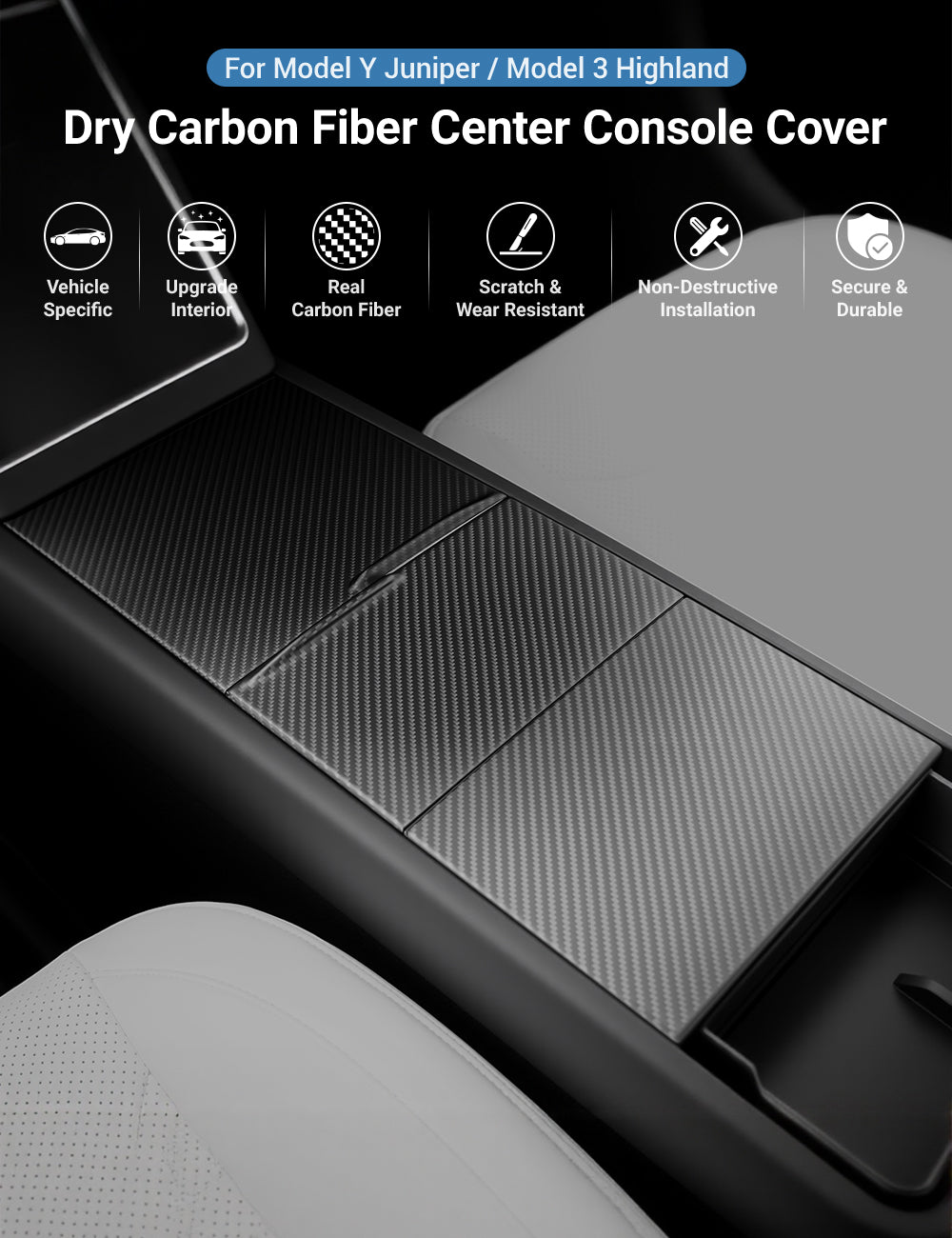 Dry Carbon Fiber Center Console Cover For Tesla Model Y Juniper / Model 3 Highland