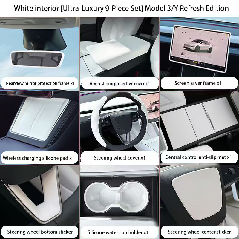Steering Wheel Trim Cover for Tesla Model 3 Highland Model Y Juniper（With TESLA） Ultra-luxury 9-piece Set White