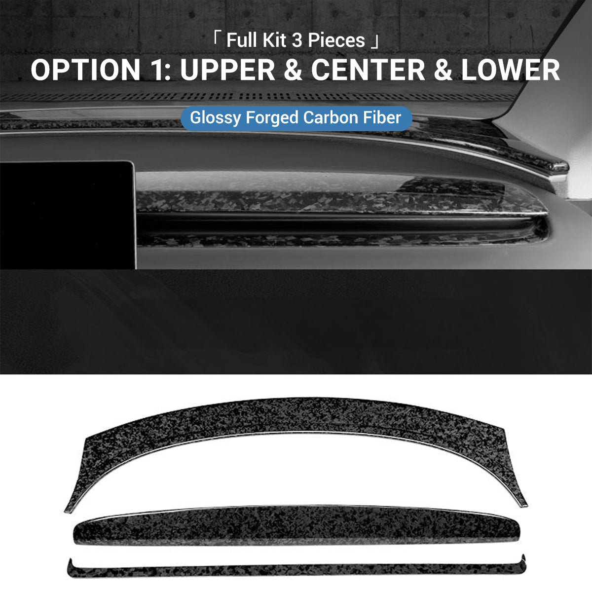 Real Dry Carbon Fiber Dashboard Cover for Model 3 Highland / Model Y Juniper Option 1：Upper & Center & Lower (Full Kit 3 Pieces) Glossy Forged