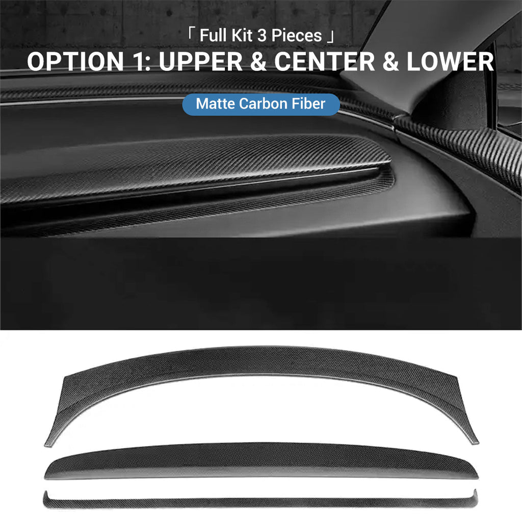 Real Dry Carbon Fiber Dashboard Cover for Model 3 Highland / Model Y Juniper Option 1：Upper & Center & Lower (Full Kit 3 Pieces) Matte