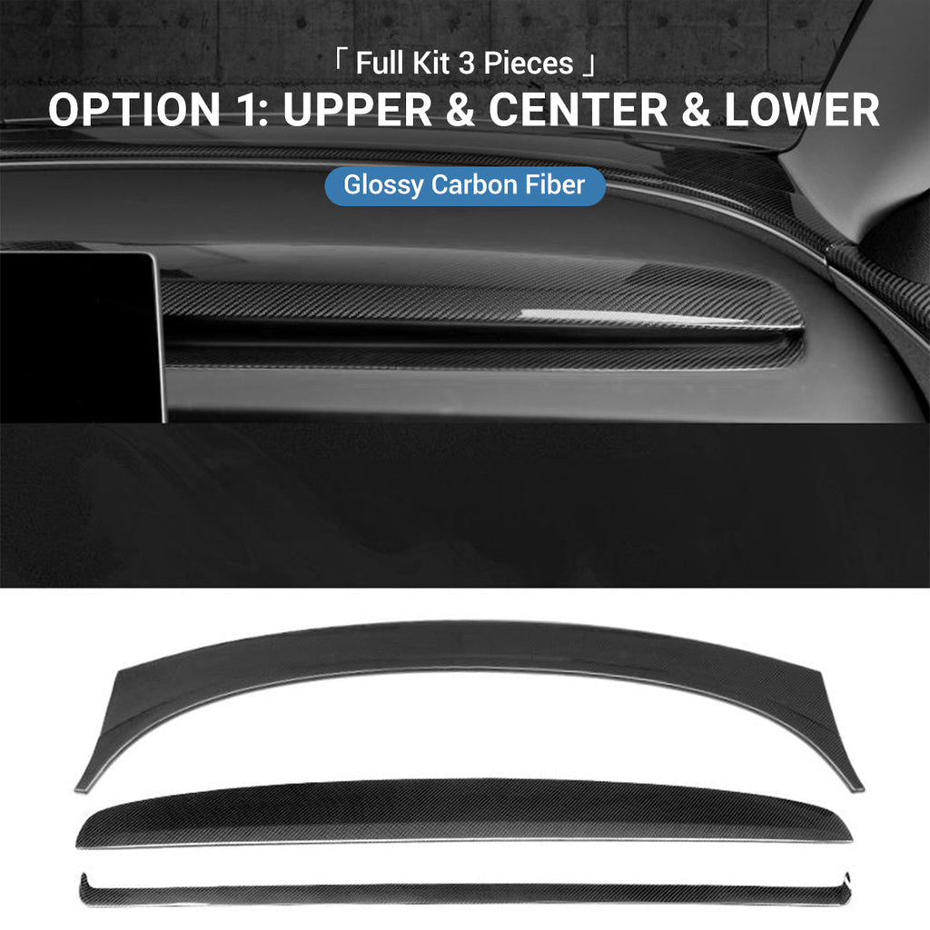 Real Dry Carbon Fiber Dashboard Cover for Model 3 Highland / Model Y Juniper Option 1：Upper & Center & Lower (Full Kit 3 Pieces) Glossy