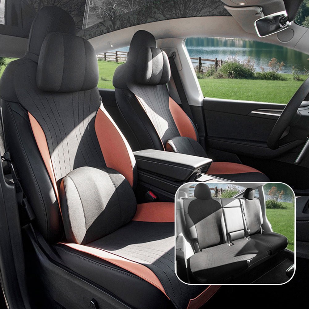 Suede Seat Covers for Tesla Model 3 & Model Y Black and Orange Deluxe Version