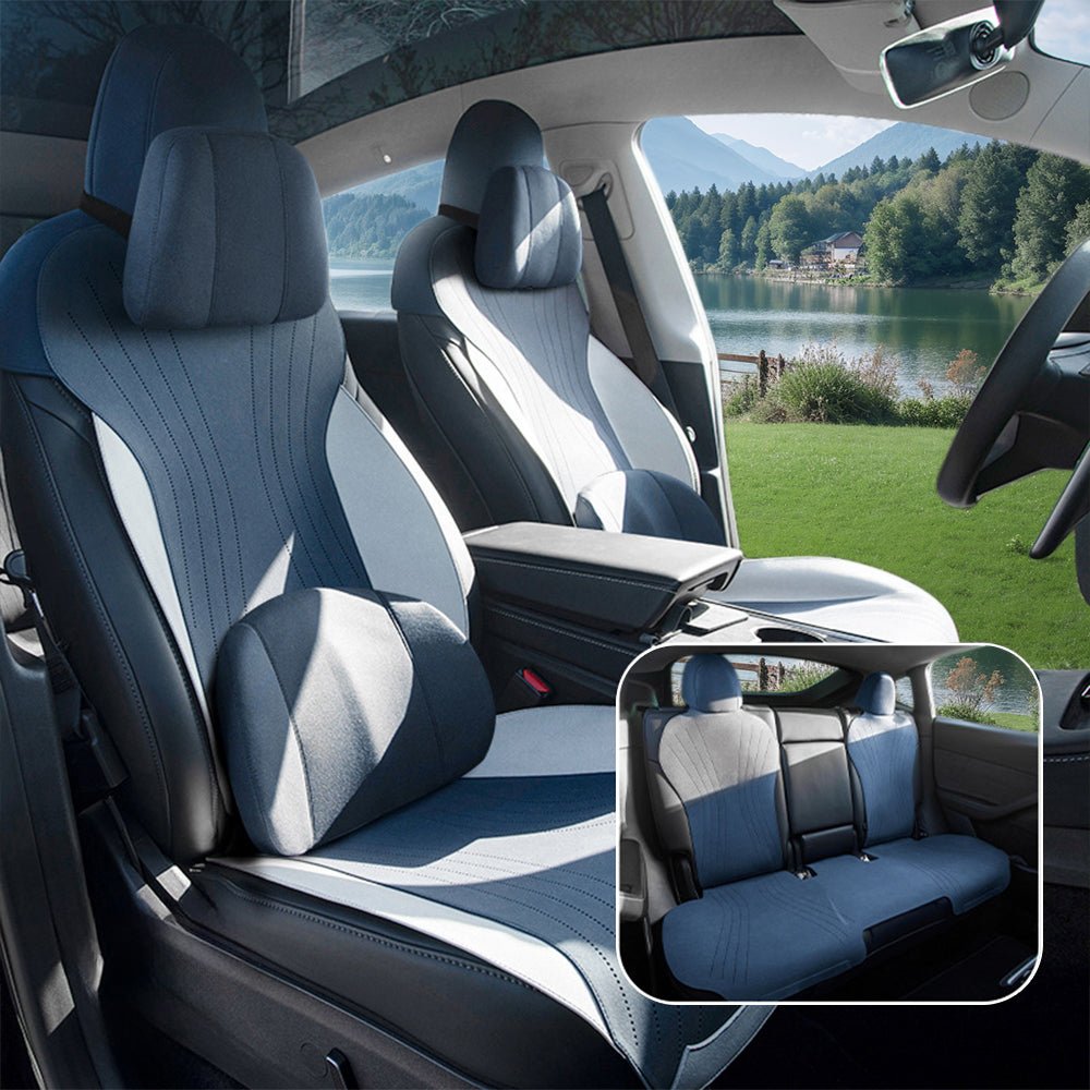Suede Seat Covers for Tesla Model 3 & Model Y Blue and Gray Deluxe Version
